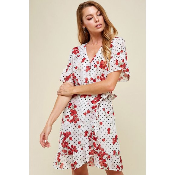 Red Cherry Printed Ruffle Chiffon Dress - Picture 2 of 2